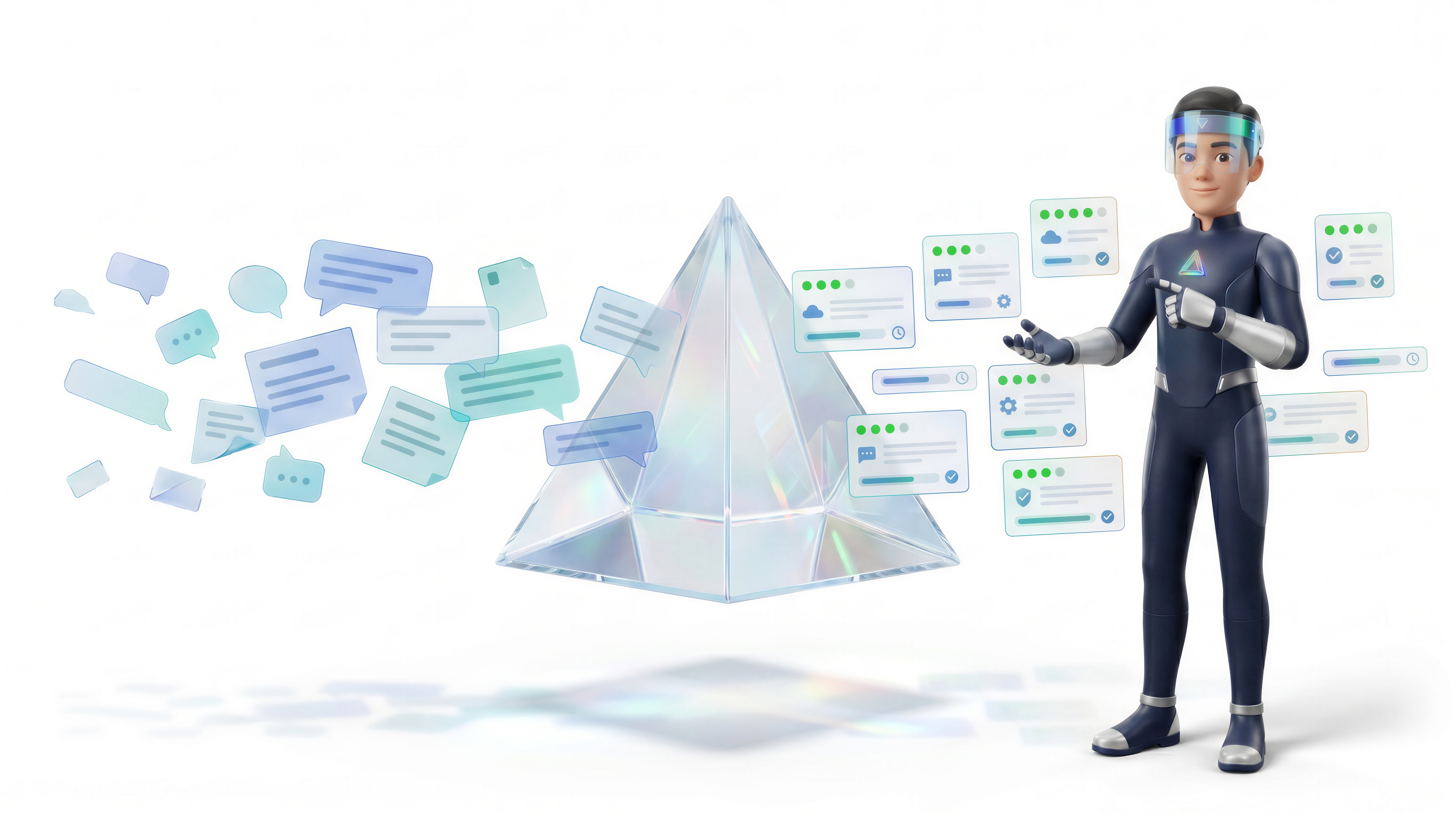 Messy chats, calls, and CRM notes flow through a prism and come out as organized, confidence-scored memory cards