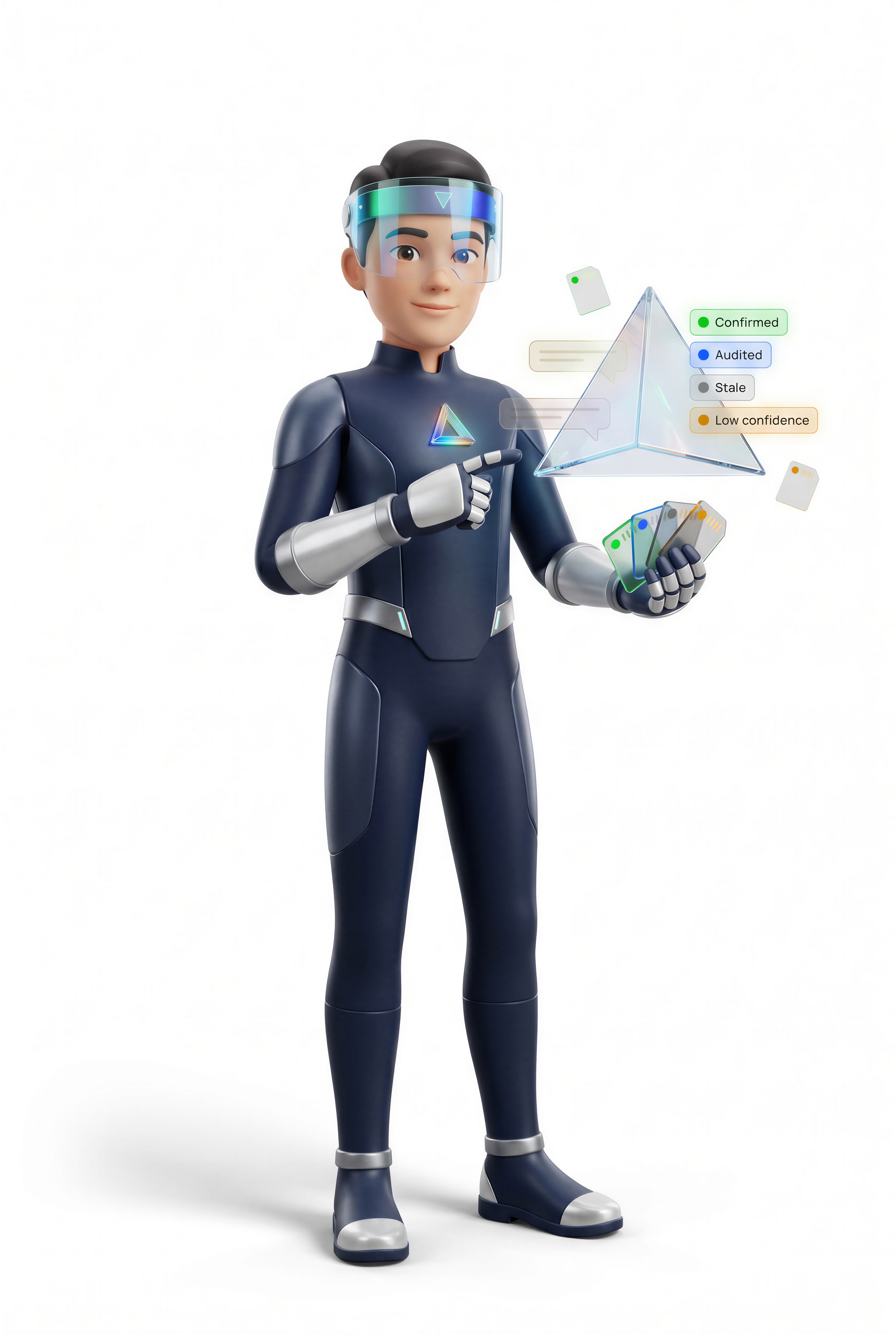 Prizm Keeper holding confidence-scored memory cards beside a glass prism